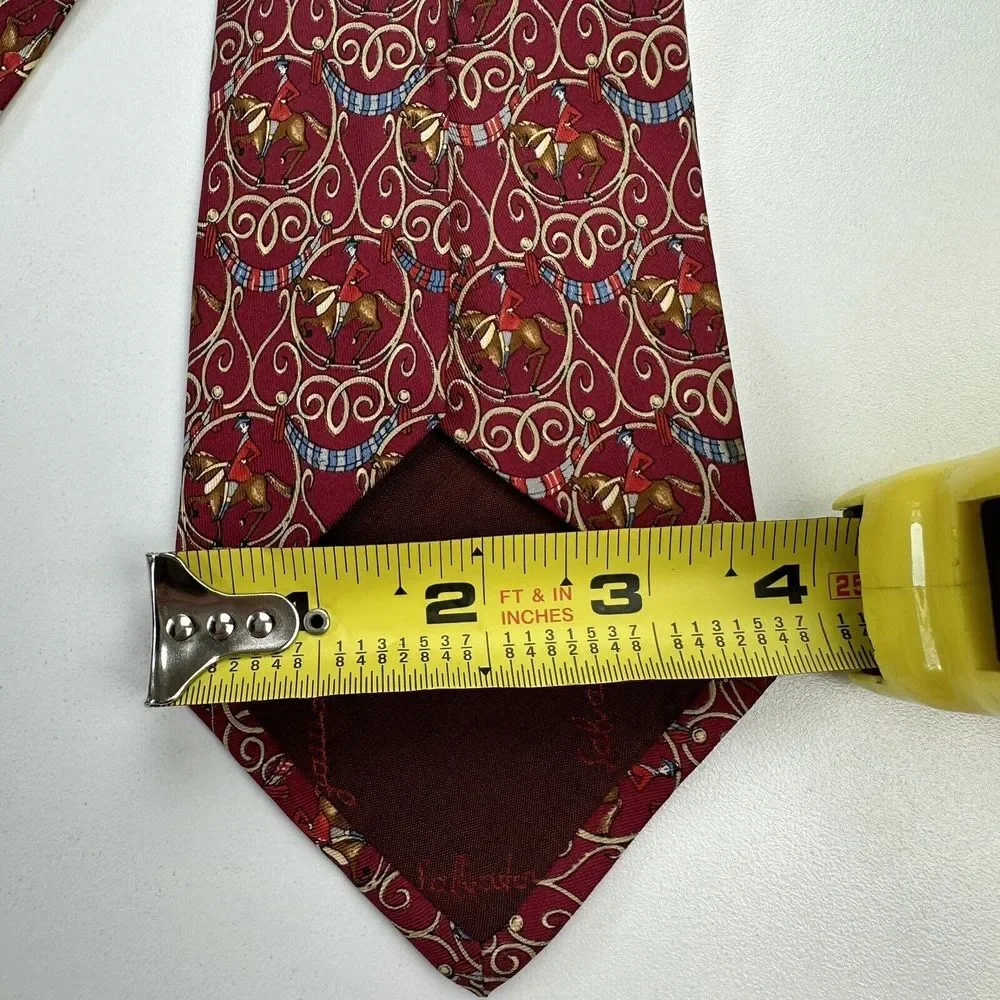 Salvatore Ferragamo Mens Tie Race Horses & Jockey Red Silk‎ 3.75